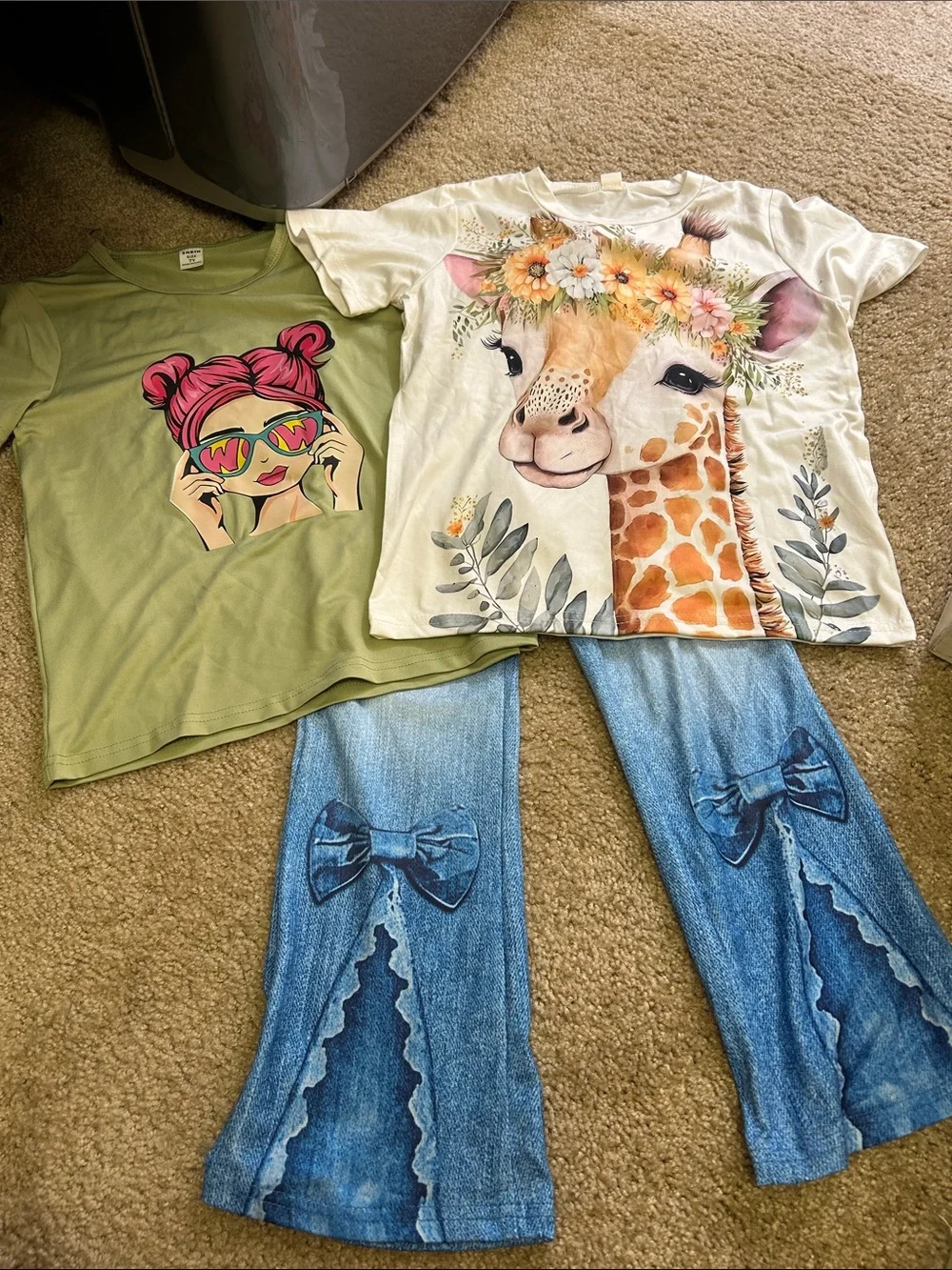 Girls Giraffe Graphic Tee with Floral Crown & Denim-Print Bow Leggings Set